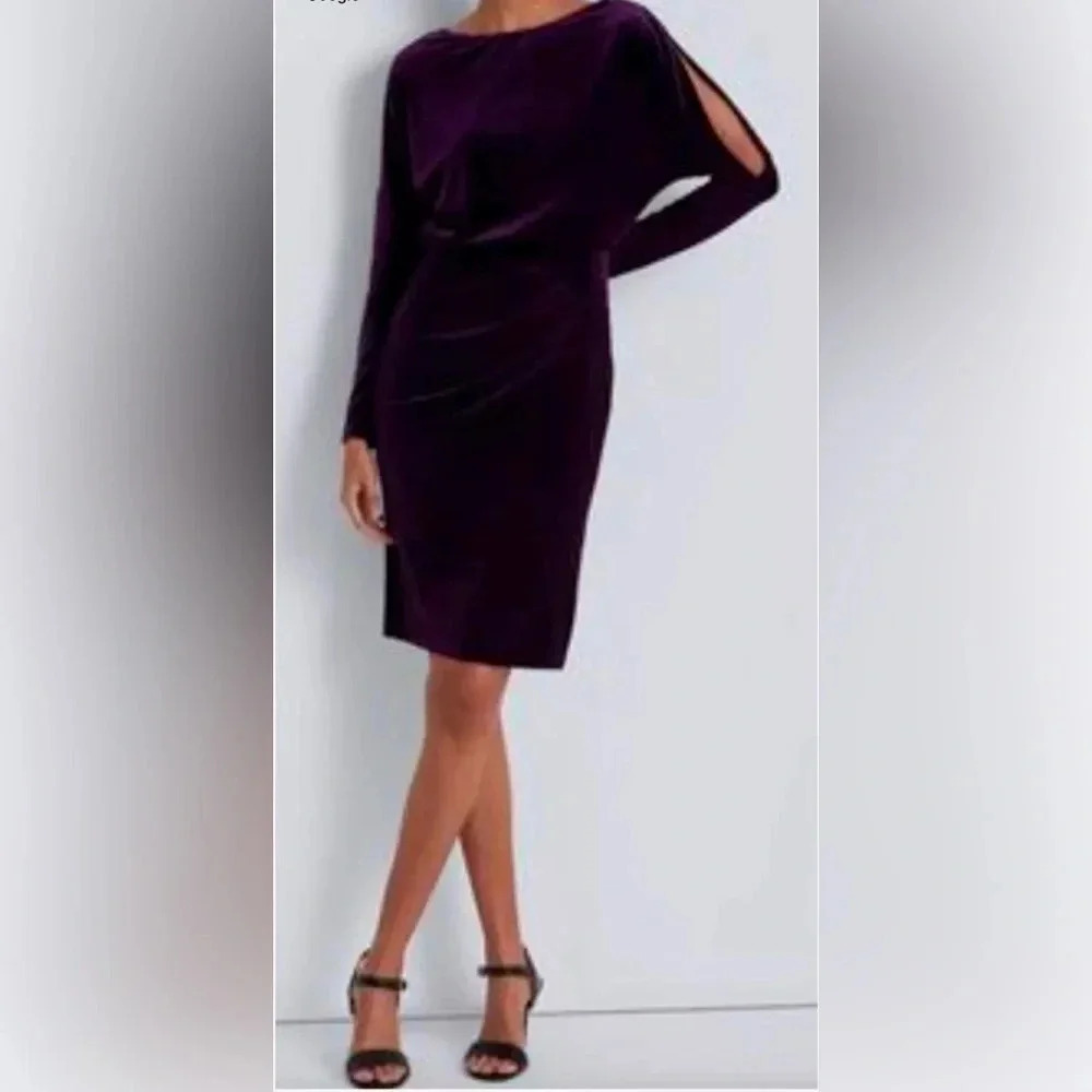 RALPH LAUREN Velvet Purple Sheath Cold Shoulder Cocktail Dress Women 12 NWT
